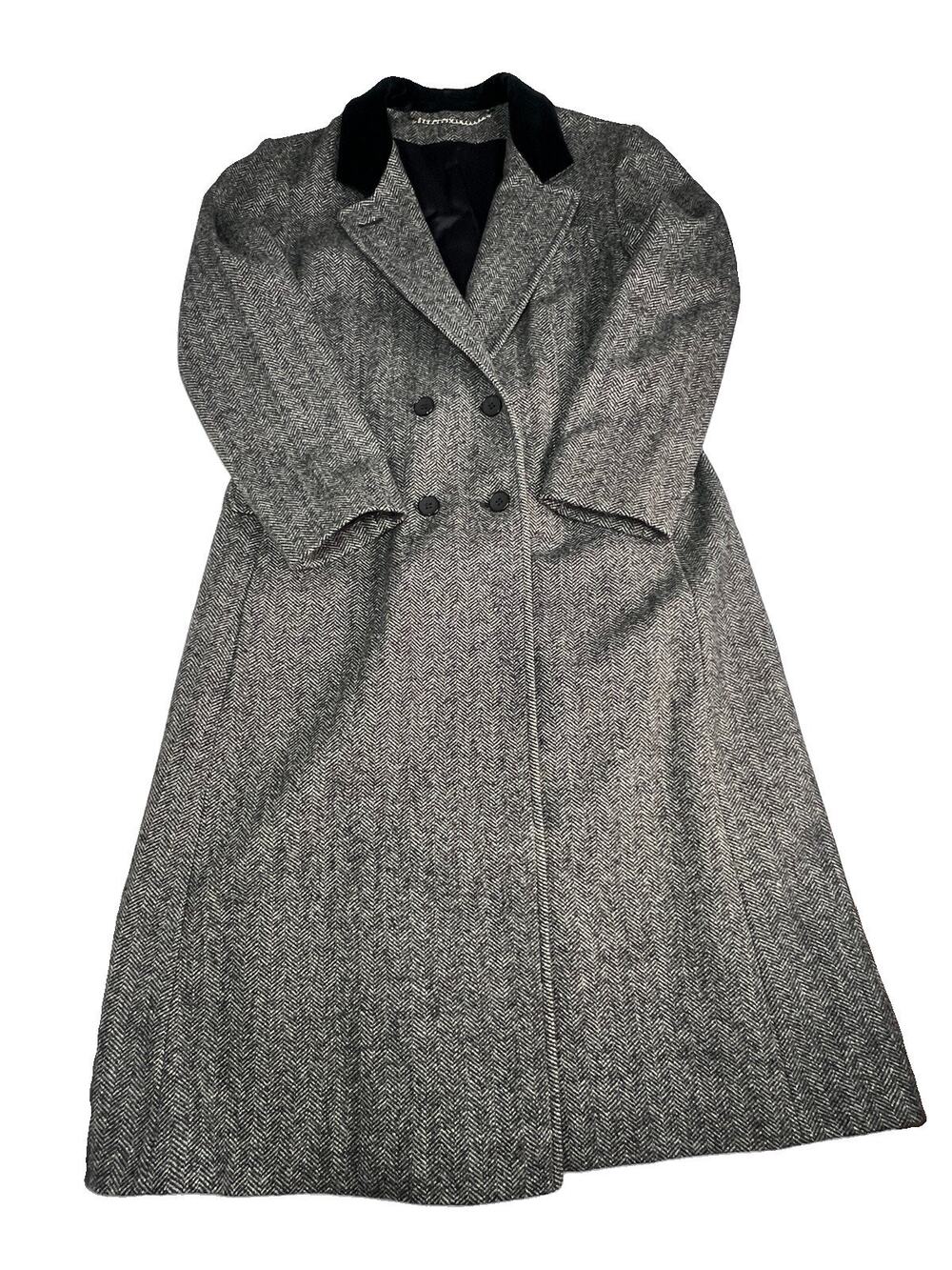 Vintage Herringbone Wool Tweed Maxi Coat Velvet Collar Double Breasted Size XL
